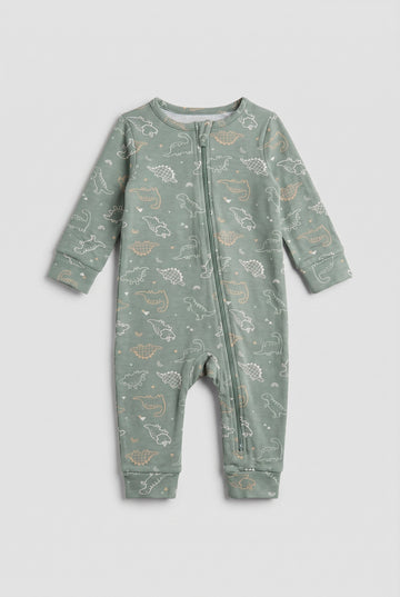 Sage green dinosaur print baby romper with two-way front zipper