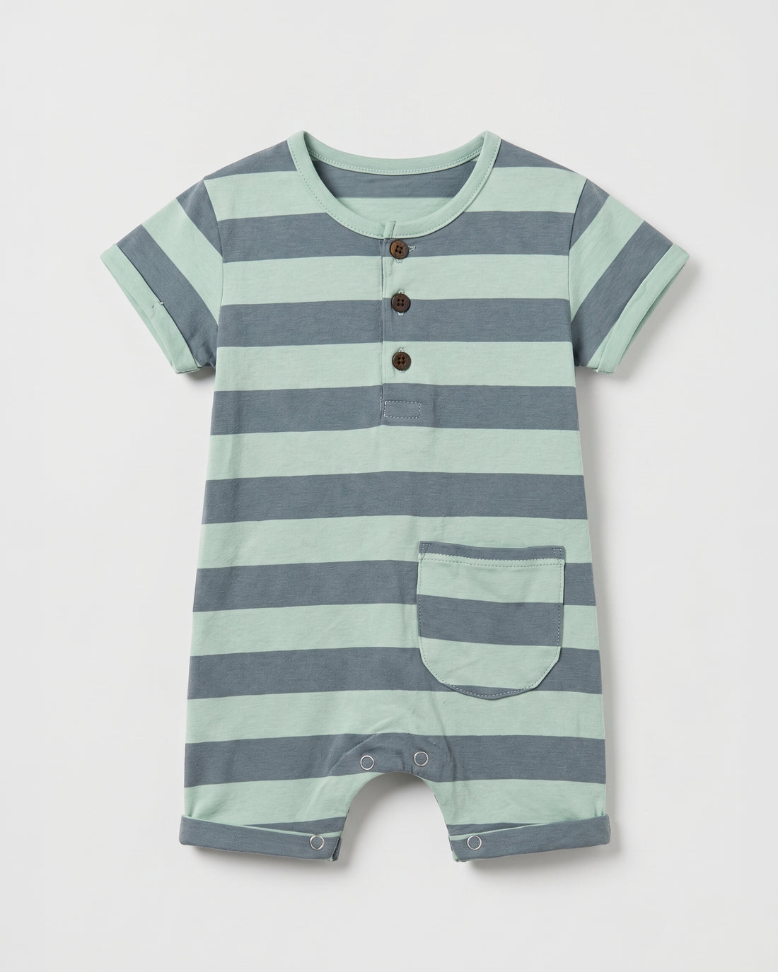 Flat lay of sage green and slate blue striped short-sleeve baby henley romper with pocket and popper legs — PTex Fashion