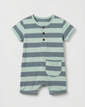 Flat lay of sage green and slate blue striped short-sleeve baby henley romper with pocket and popper legs — PTex Fashion