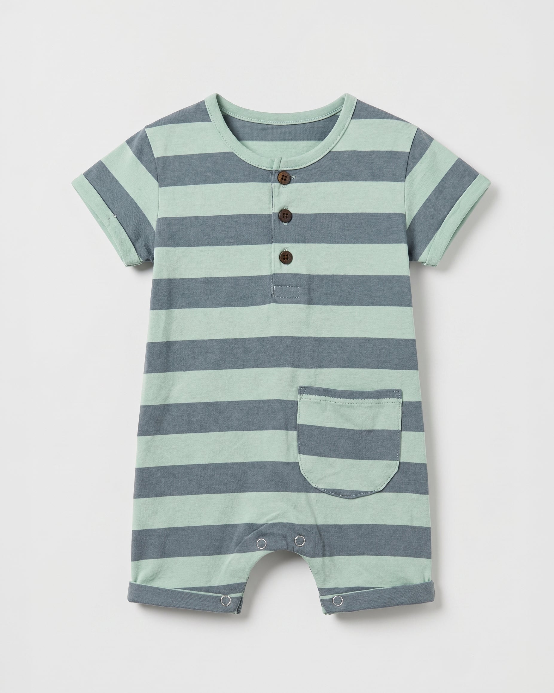Flat lay of sage green and slate blue striped short-sleeve baby henley romper with pocket and popper legs — PTex Fashion