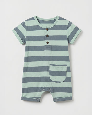 Flat lay of sage green and slate blue striped short-sleeve baby henley romper with pocket and popper legs — PTex Fashion