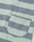 Close-up of front patch pocket on sage green and slate blue striped baby romper — PTex Fashion