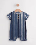 Blue striped baby romper on a wooden hanger showing button placket and leg press studs — PTex Fashion