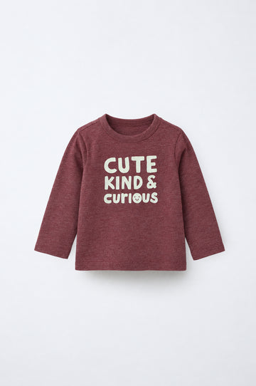 PTex Fashion cranberry red full sleeve cotton baby tshirt with Grandma’s Little Cutie slogan print
