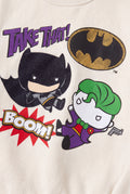Close-up of comic action print with masked hero and green-haired character on cream sweatshirt – PTex Fashion