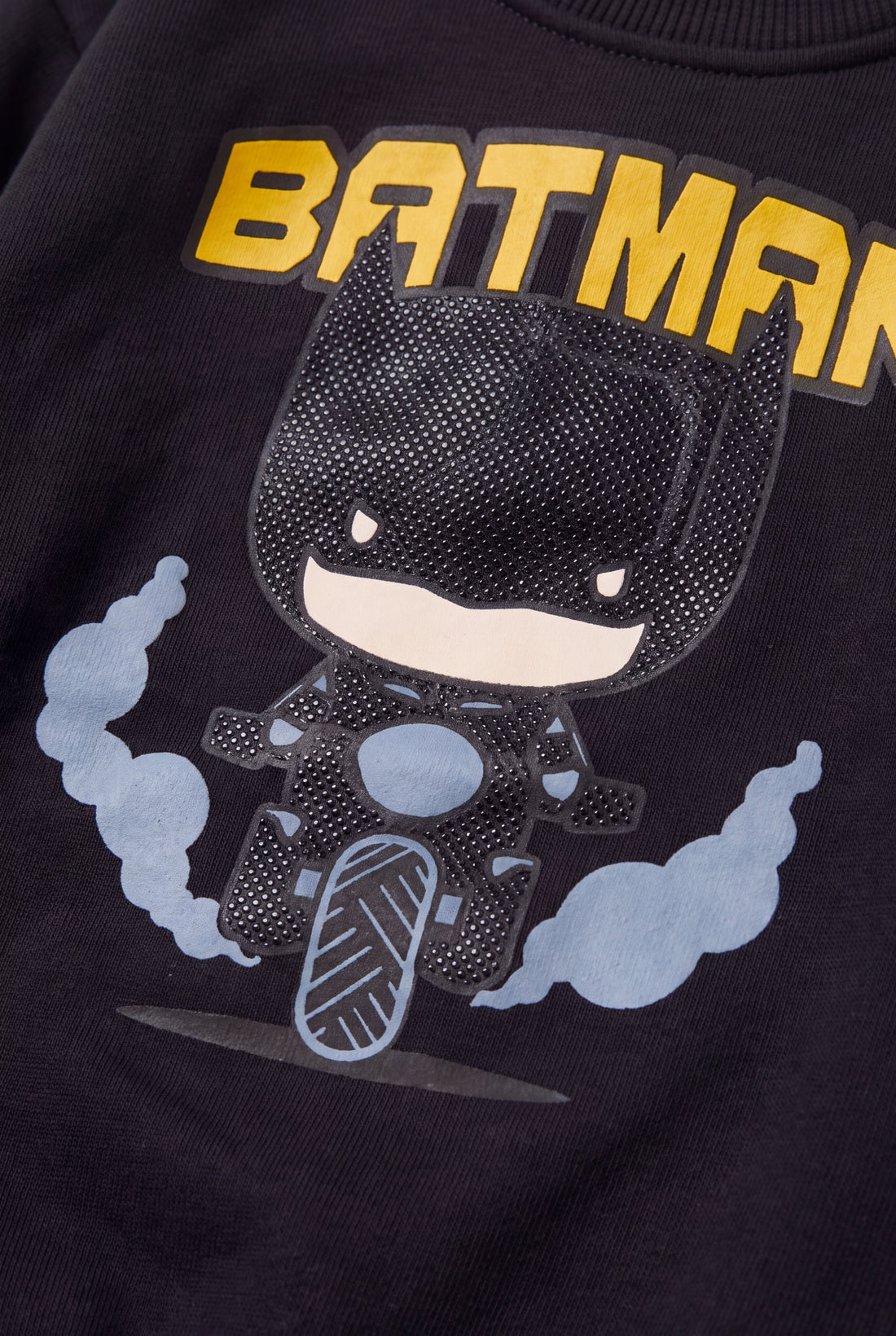 Black kids sweatshirt with masked hero rubber print on a bike – PTex Fashion