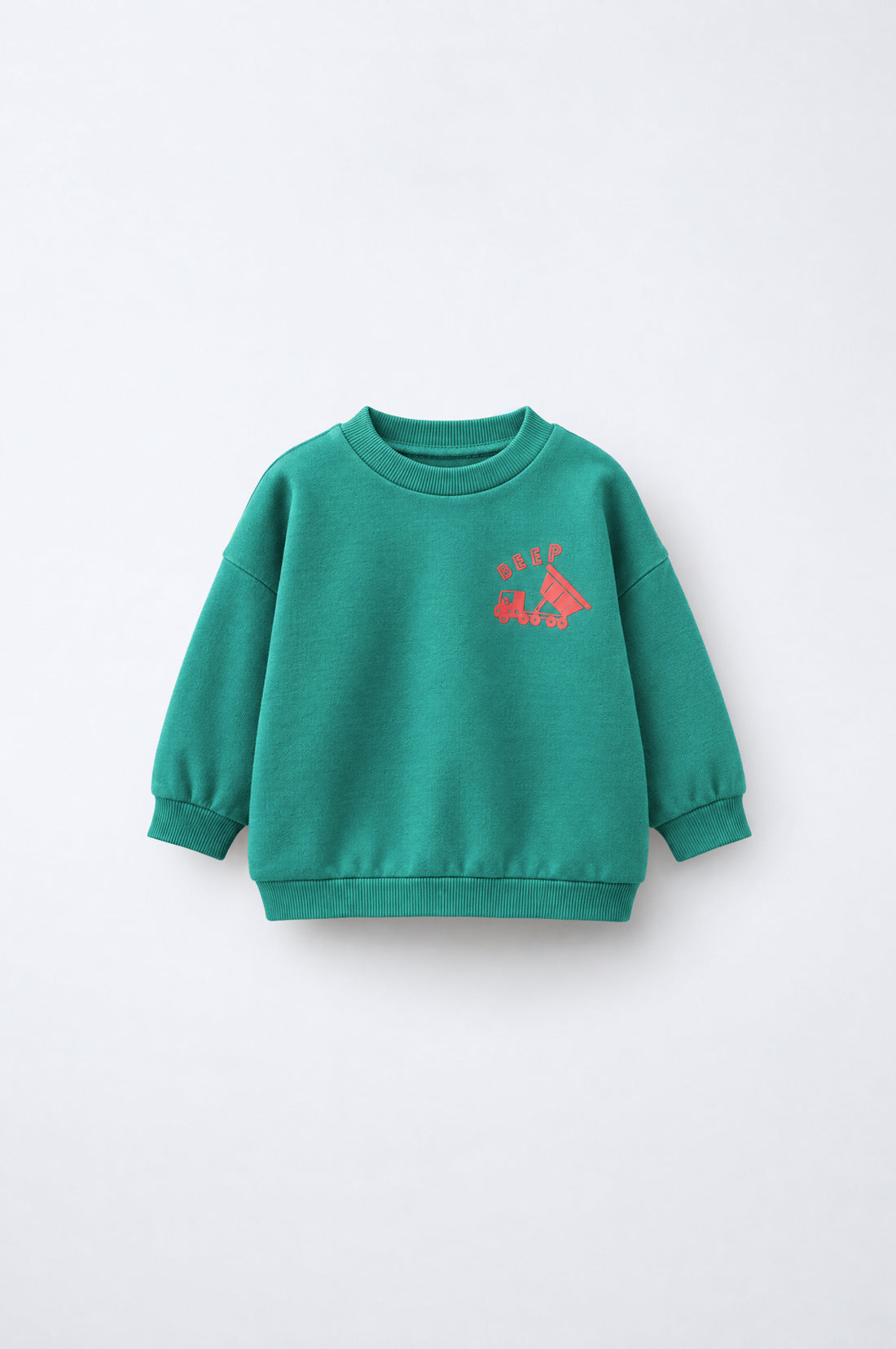 Baby and toddler drop-shoulder sweatshirt with ribbed crew neck, cuffs, hem and small chest graphic.