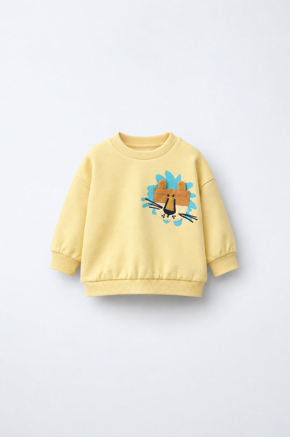 Baby toddler drop-shoulder sweatshirt with ribbed neckline, cuffs, hem and playful character appliqué chest detail.