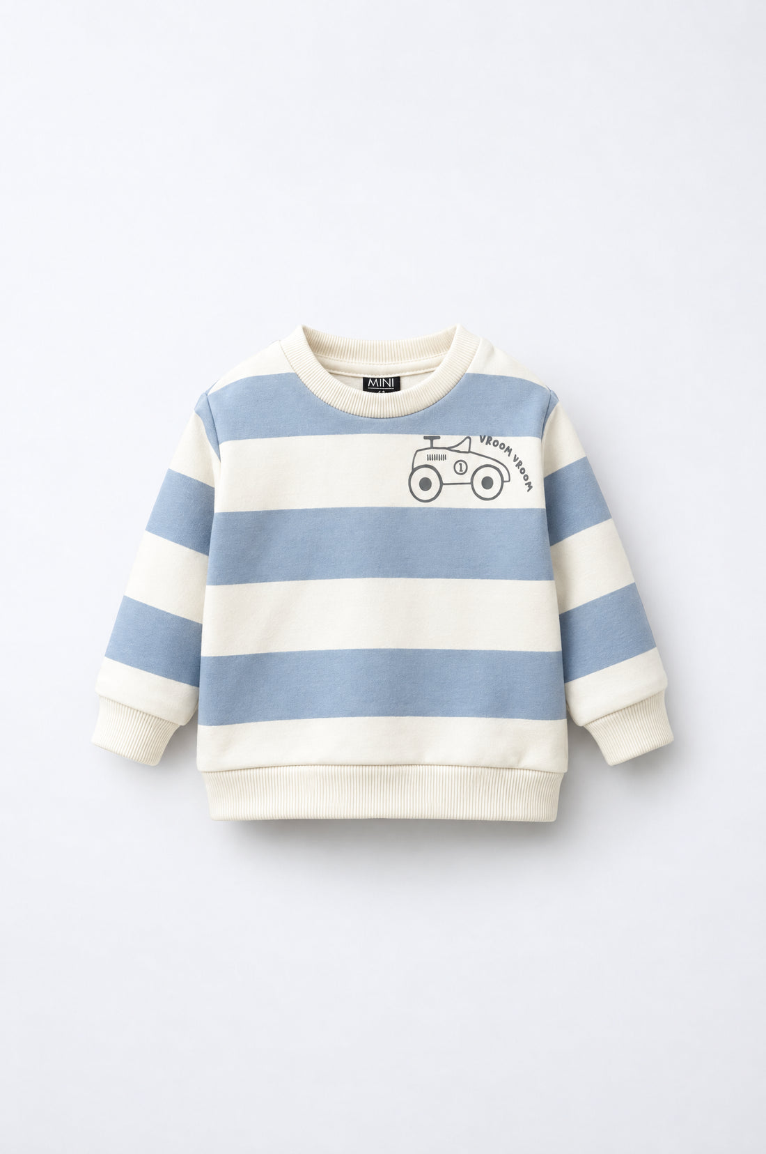PTex Fashion baby striped sweatshirt in sky blue and cream with car print, front view