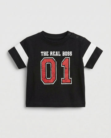 Baby Half Sleeve Cotton T-Shirt - Real Boss Print Black