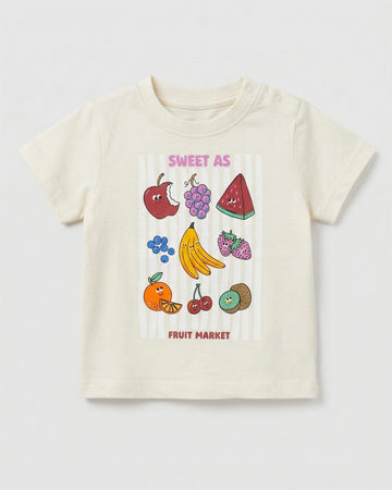 Baby Half Sleeve Cotton T-Shirt - Beige Fruit Market Print