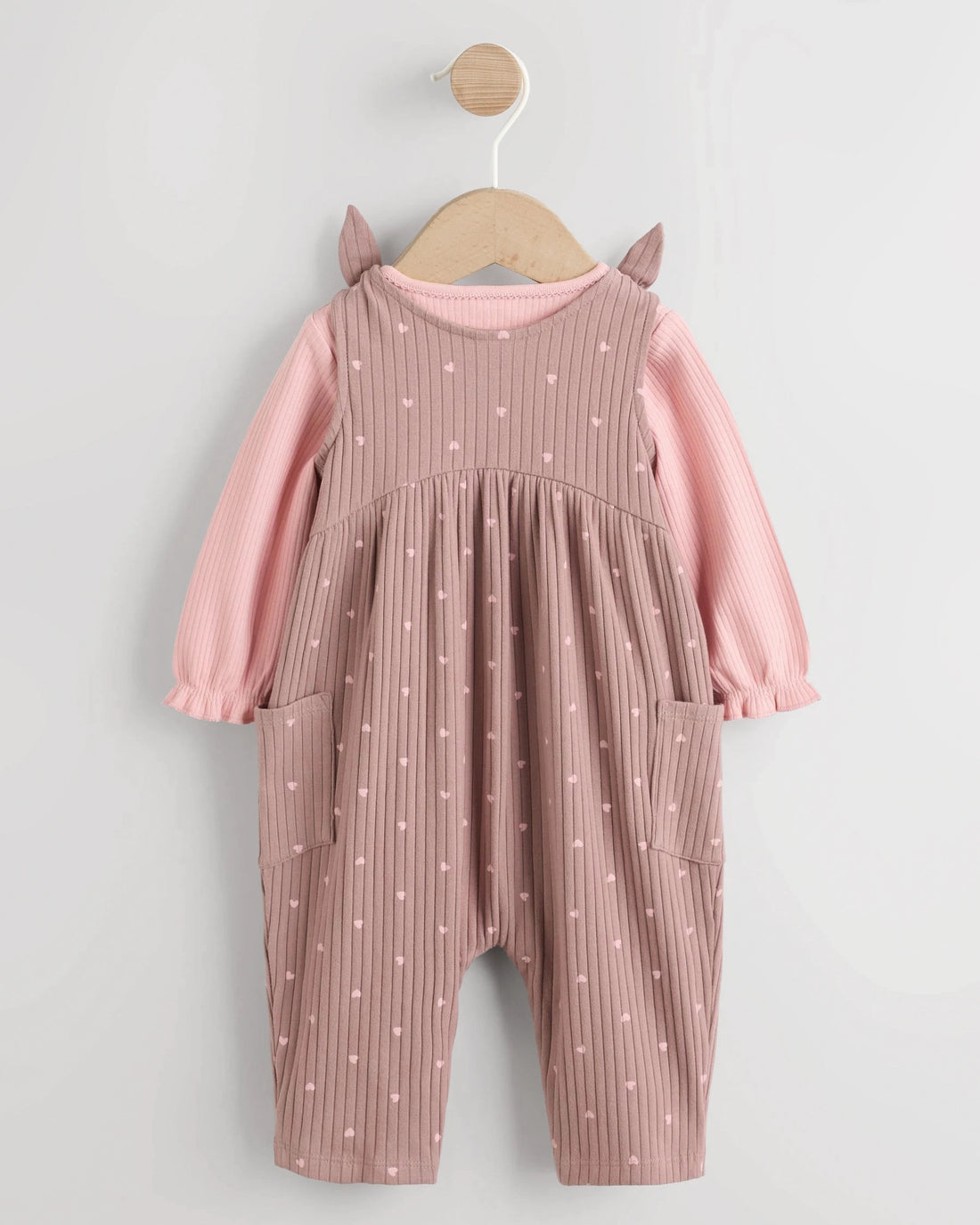Baby Girl's Ribbed Cotton Dungaree Set - Dusty Pink
