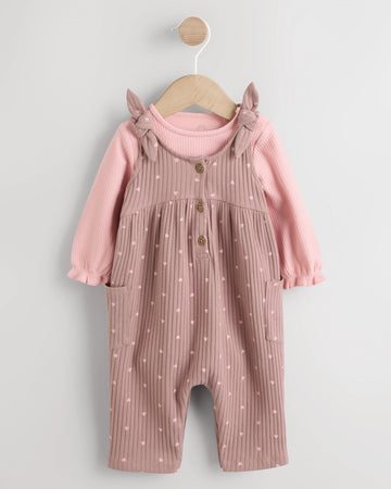 Baby Girl's Ribbed Cotton Dungaree Set - Dusty Pink