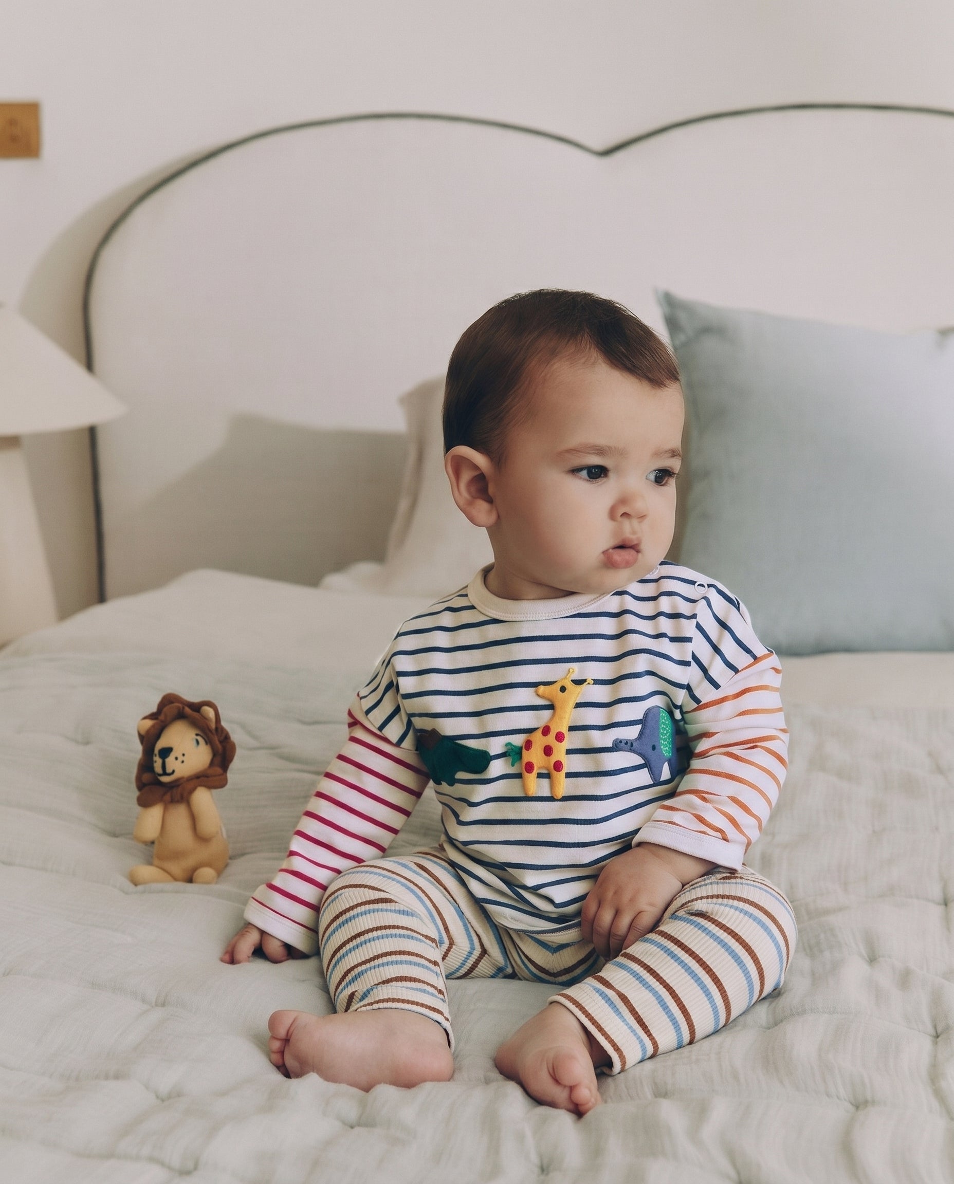 Baby wearing Ribbed Cotton Leggings – Blue & Rust Brown Stripe 