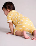 Back view of baby crawling in yellow sheep print cotton romper — PTex Fashion