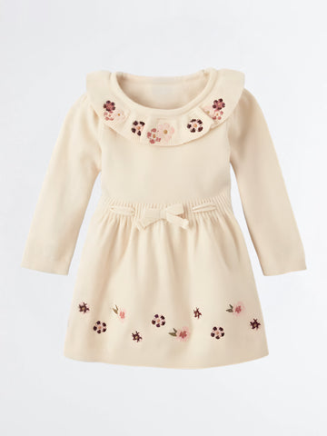 Baby Girl's Long Sleeve Embroidered Ruffle Sweater Dress