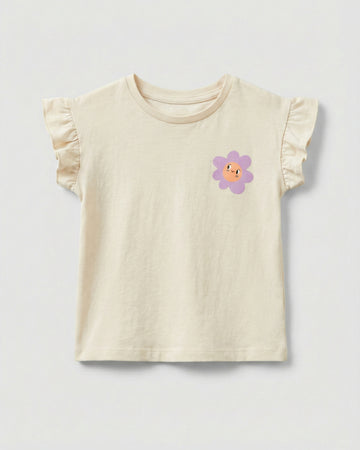 Toddler Girl's Ruffled Sleeve Cotton T-Shirt | Beige