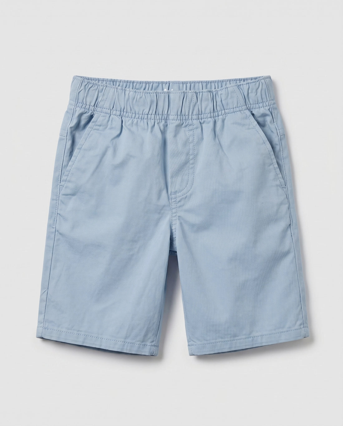 Sky blue pull-on chino shorts for boys, front view showing relaxed fit, elasticated waistband, side seam pockets, and clean tonal stitching on lightweight cotton-blend twill.