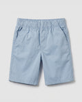 Sky blue pull-on chino shorts for boys, front view showing relaxed fit, elasticated waistband, side seam pockets, and clean tonal stitching on lightweight cotton-blend twill.