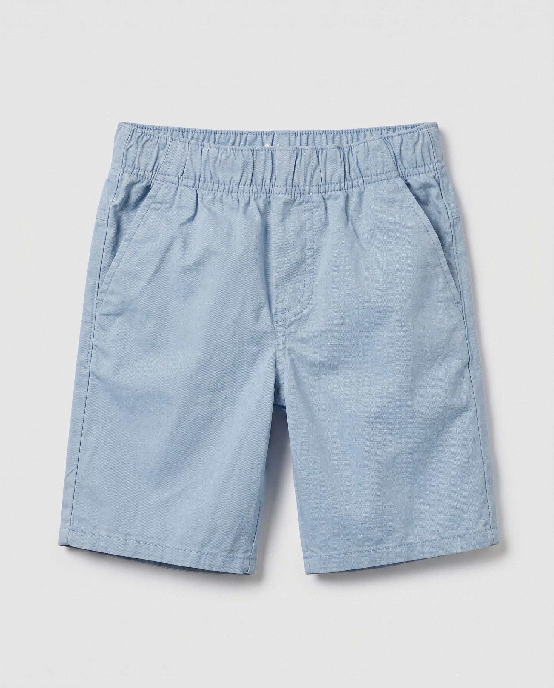 Sky blue pull-on chino shorts for boys, front view showing relaxed fit, elasticated waistband, side seam pockets, and clean tonal stitching on lightweight cotton-blend twill.