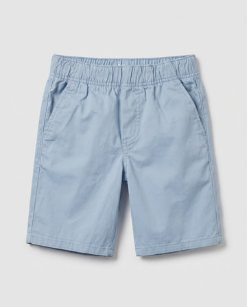 Sky blue pull-on chino shorts for boys, front view showing relaxed fit, elasticated waistband, side seam pockets, and clean tonal stitching on lightweight cotton-blend twill.