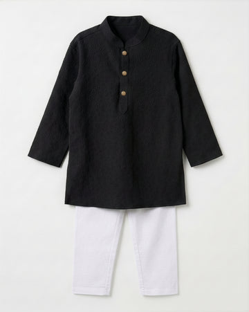 Boy's Textured Panjabi & Pyjama Set - Black