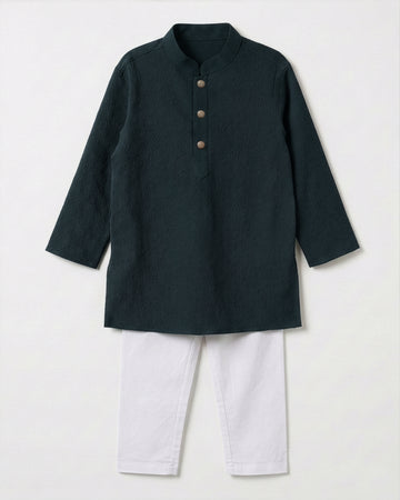 Boy's Textured Panjabi & Pyjama Set - Deep Forest Green