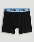 Boys' premium cotton boxer brief in solid black with sky-blue AERO 87 logo elastic waistband, flat lay front view