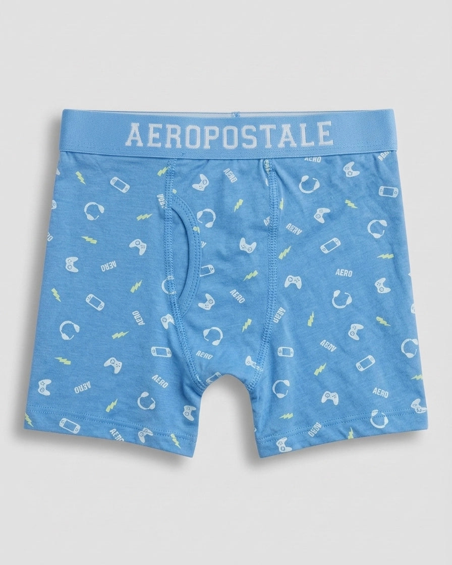 Boys' cotton boxer brief in sky blue with white gaming icons and lime-yellow lightning bolt allover print