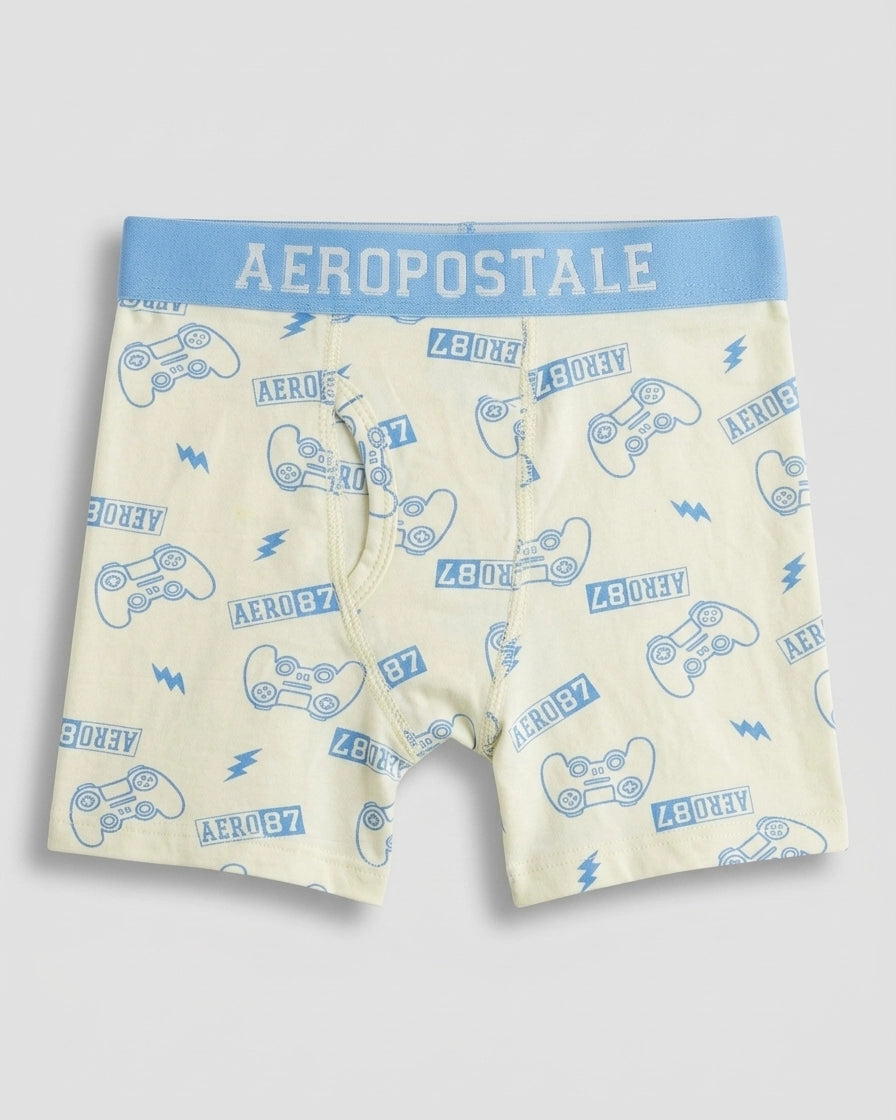 Boys' cotton boxer brief in lime cream with blue gaming controller and lightning bolt allover print, blue logo waistband