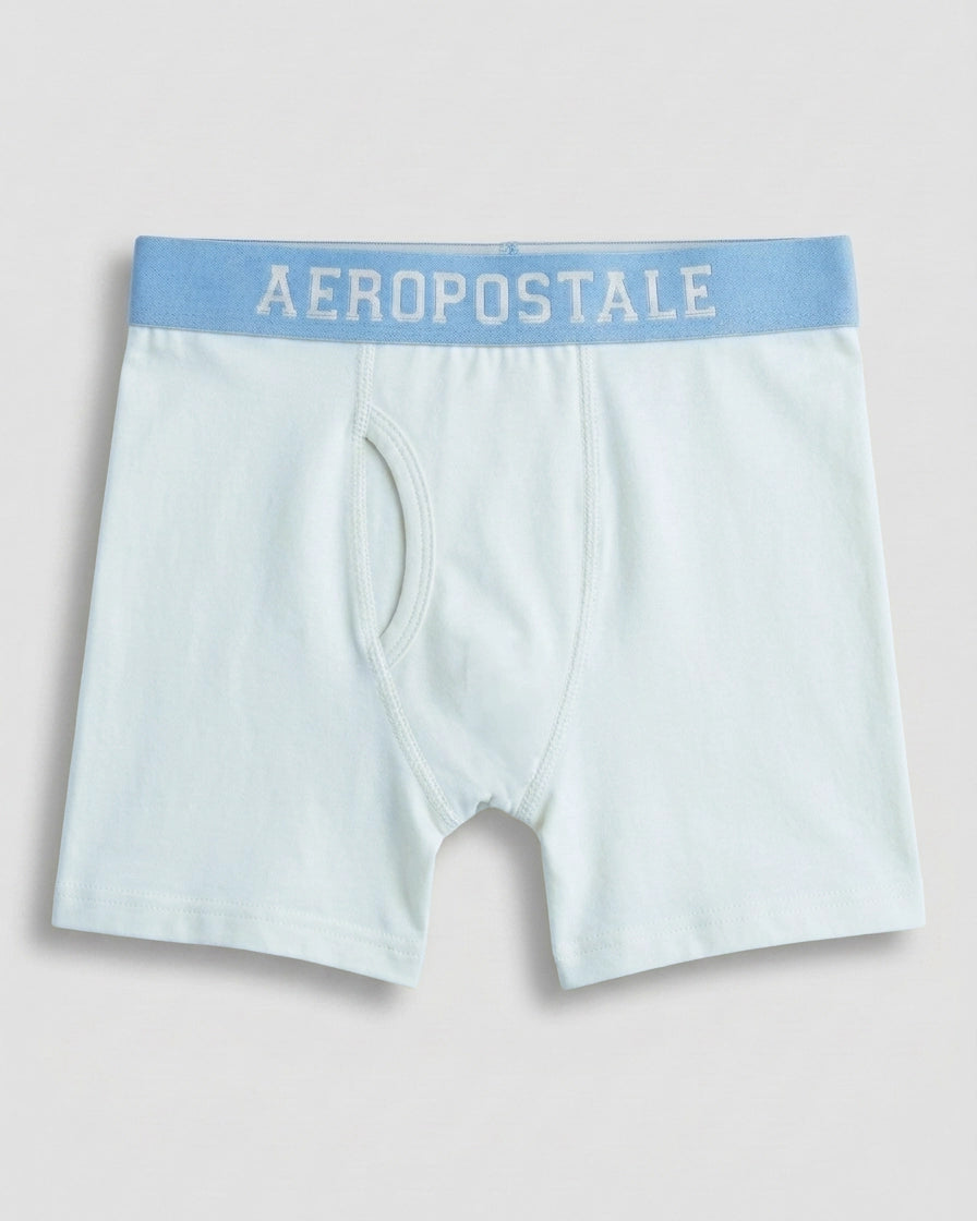 Boys' premium cotton boxer brief in soft powder blue with sky-blue logo waistband, flat lay front view