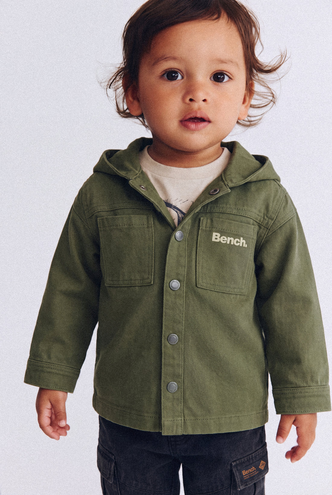 PTex Fashion boys' 3-piece set flat lay: khaki green hooded twill overshirt, stone graphic tee and black cargo joggers