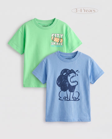 Boys' 2-Pack Short-Sleeve T-Shirt Set — Green Skate Print & Blue Lion Print