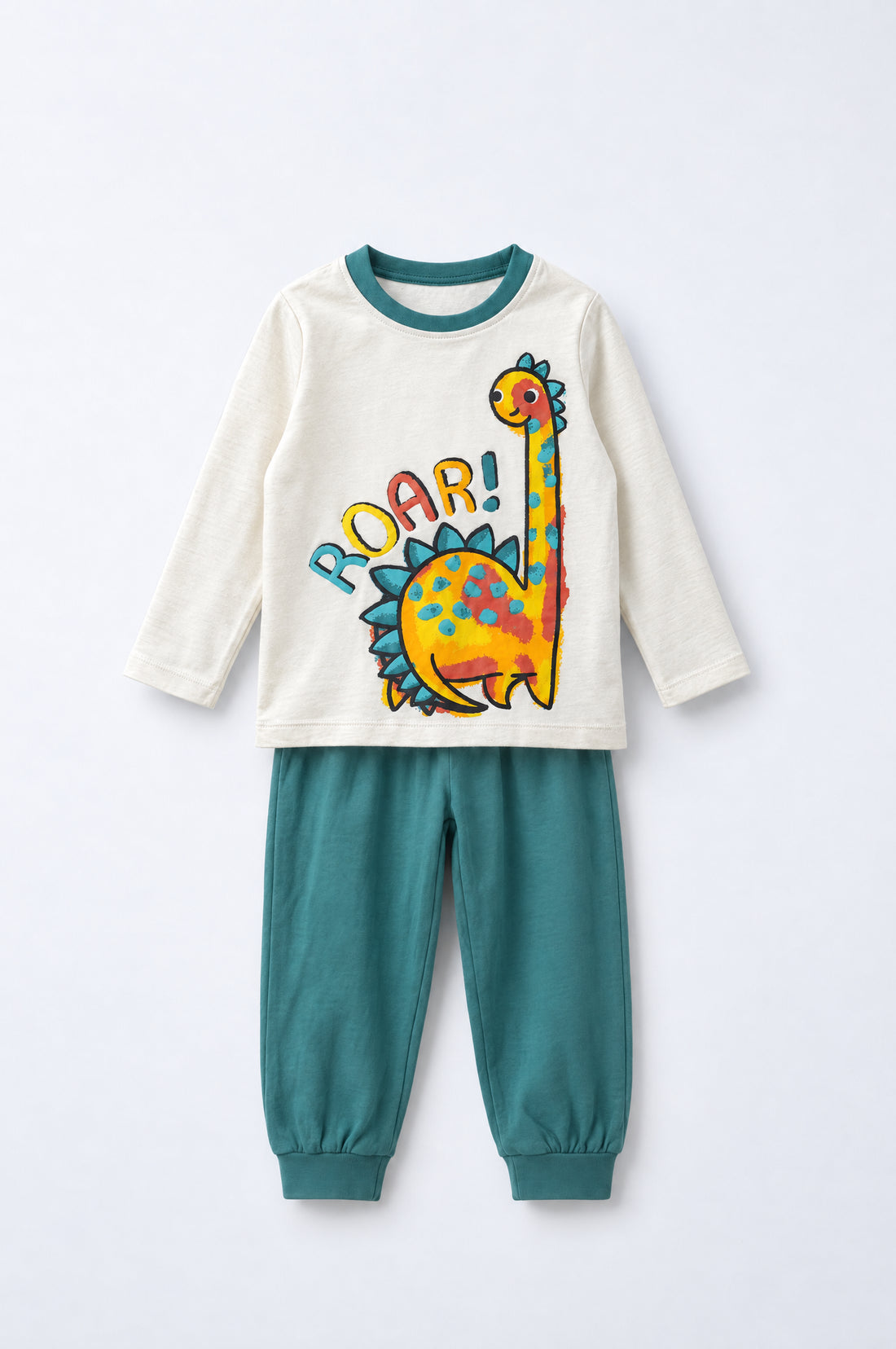 Boys 2-piece dino print set with oatmeal long-sleeve top and teal joggers – PTex Fashion