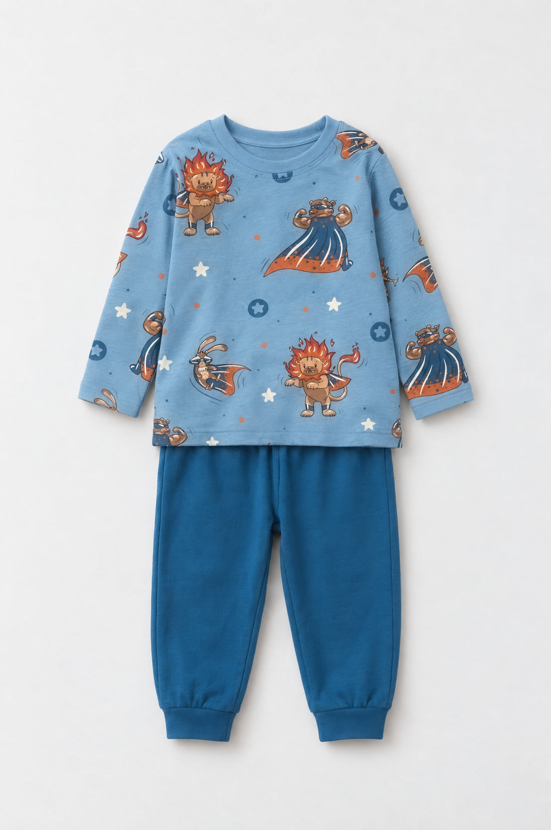 Close-up of superhero animal print with lion, rabbit and bear in capes on blue fabric, boys 2-piece set by PTex Fashion