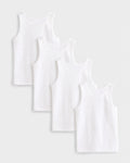 PTex Fashion boys' 4-pack white cotton sleeveless undershirt vest set for school, flat lay view