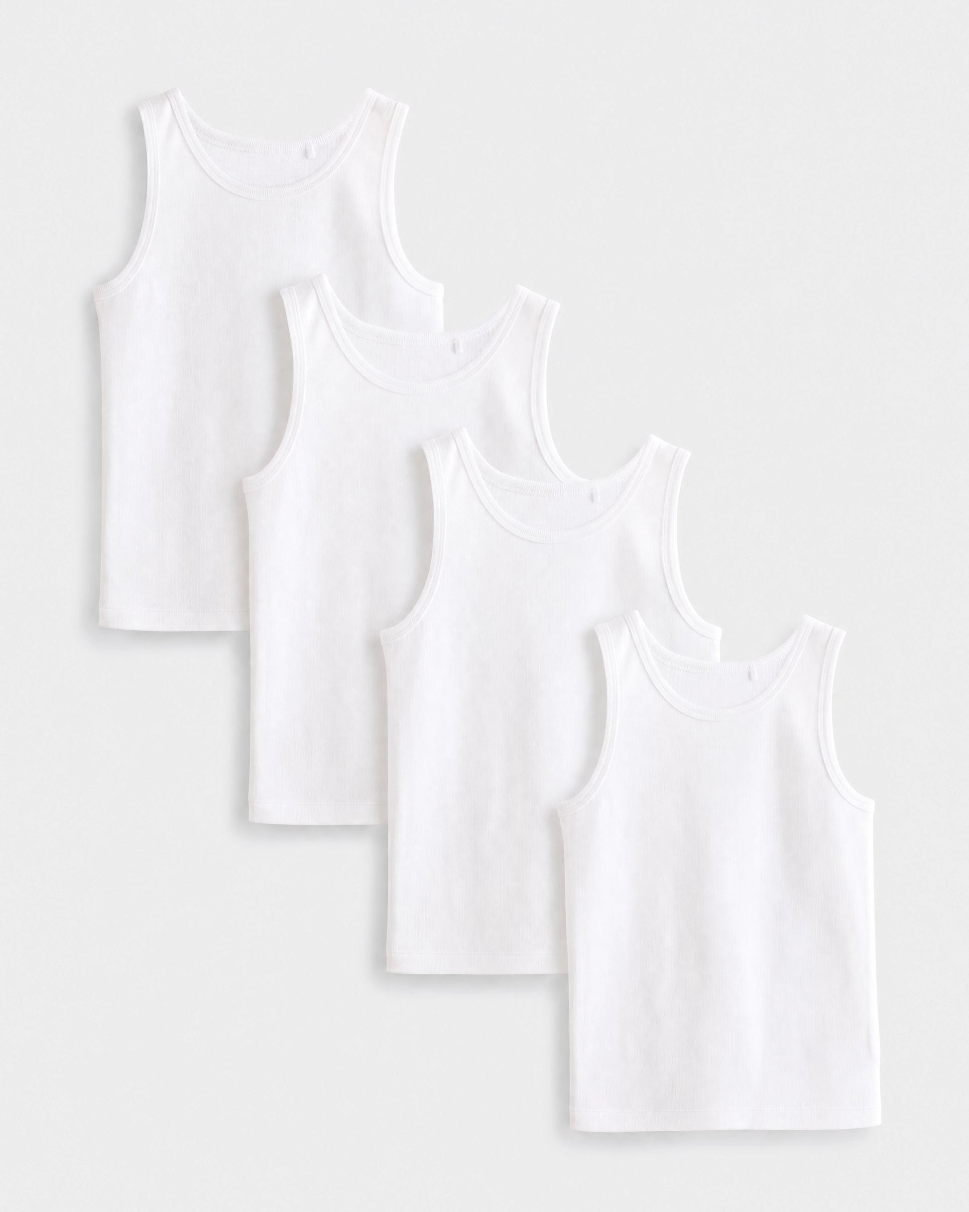 PTex Fashion boys' 4-pack white cotton sleeveless undershirt vest set for school, flat lay view