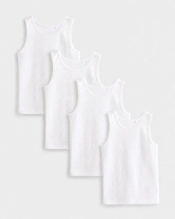 PTex Fashion boys' 4-pack white cotton sleeveless undershirt vest set for school, flat lay view