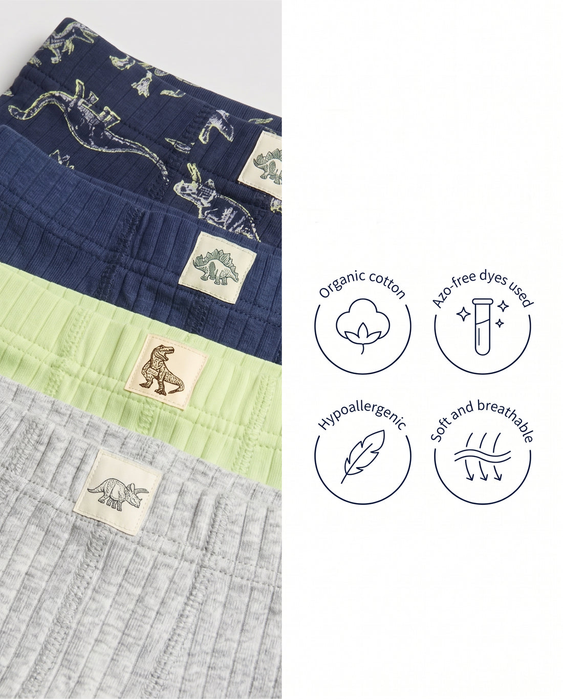  Pack of 5 boys' ribbed boxer briefs laid flat — grey marl, navy, lime green, white dino print, and navy dino print with dinosaur label patches