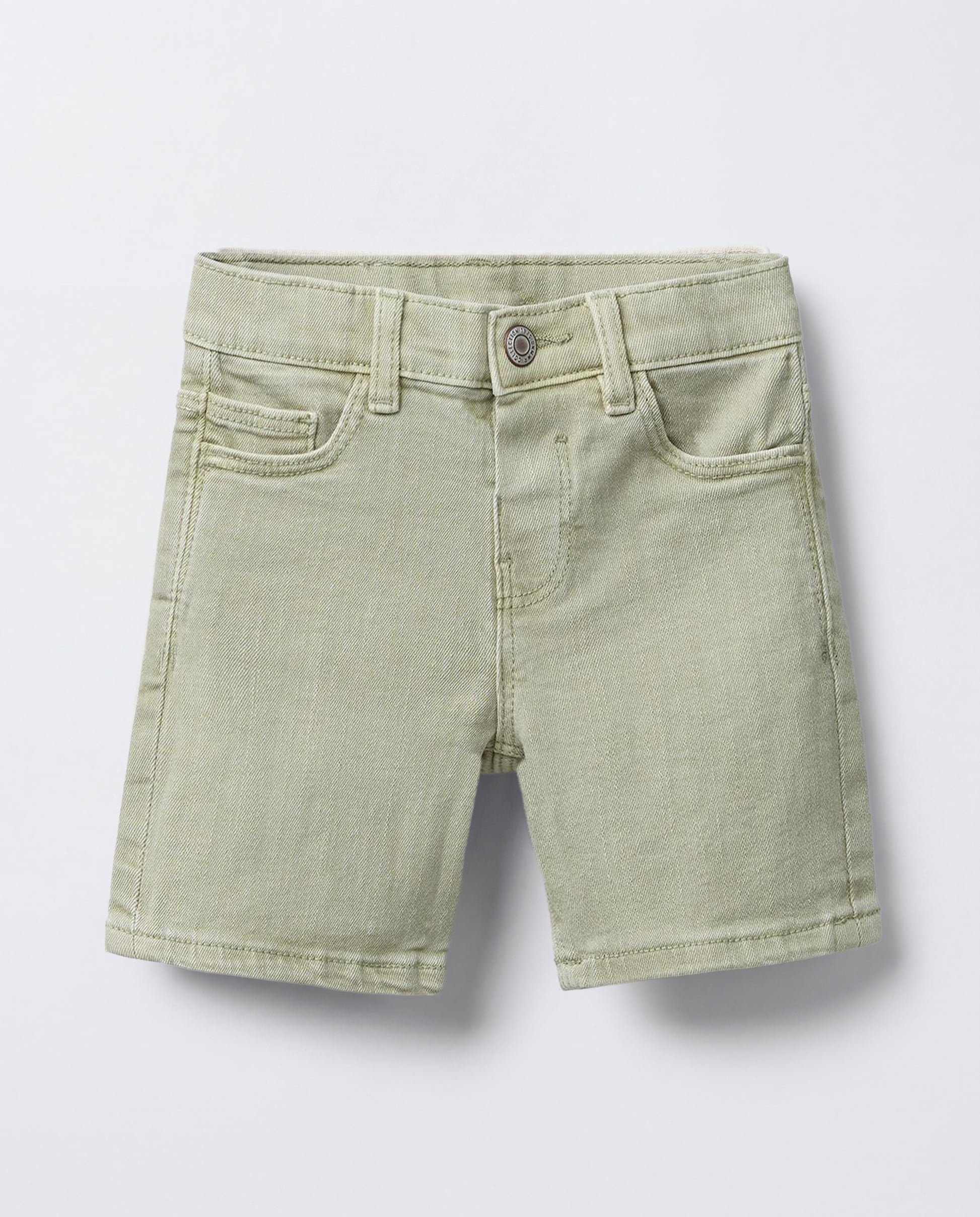 Sage green denim Bermuda shorts for boys, front view showing five-pocket styling, copper-tone shank button, zip fly, and belt loops on washed sage cotton denim.