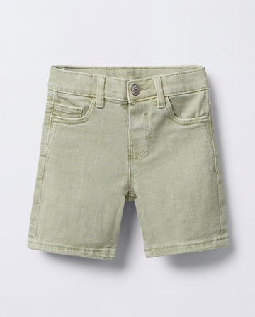 Sage green denim Bermuda shorts for boys, front view showing five-pocket styling, copper-tone shank button, zip fly, and belt loops on washed sage cotton denim.
