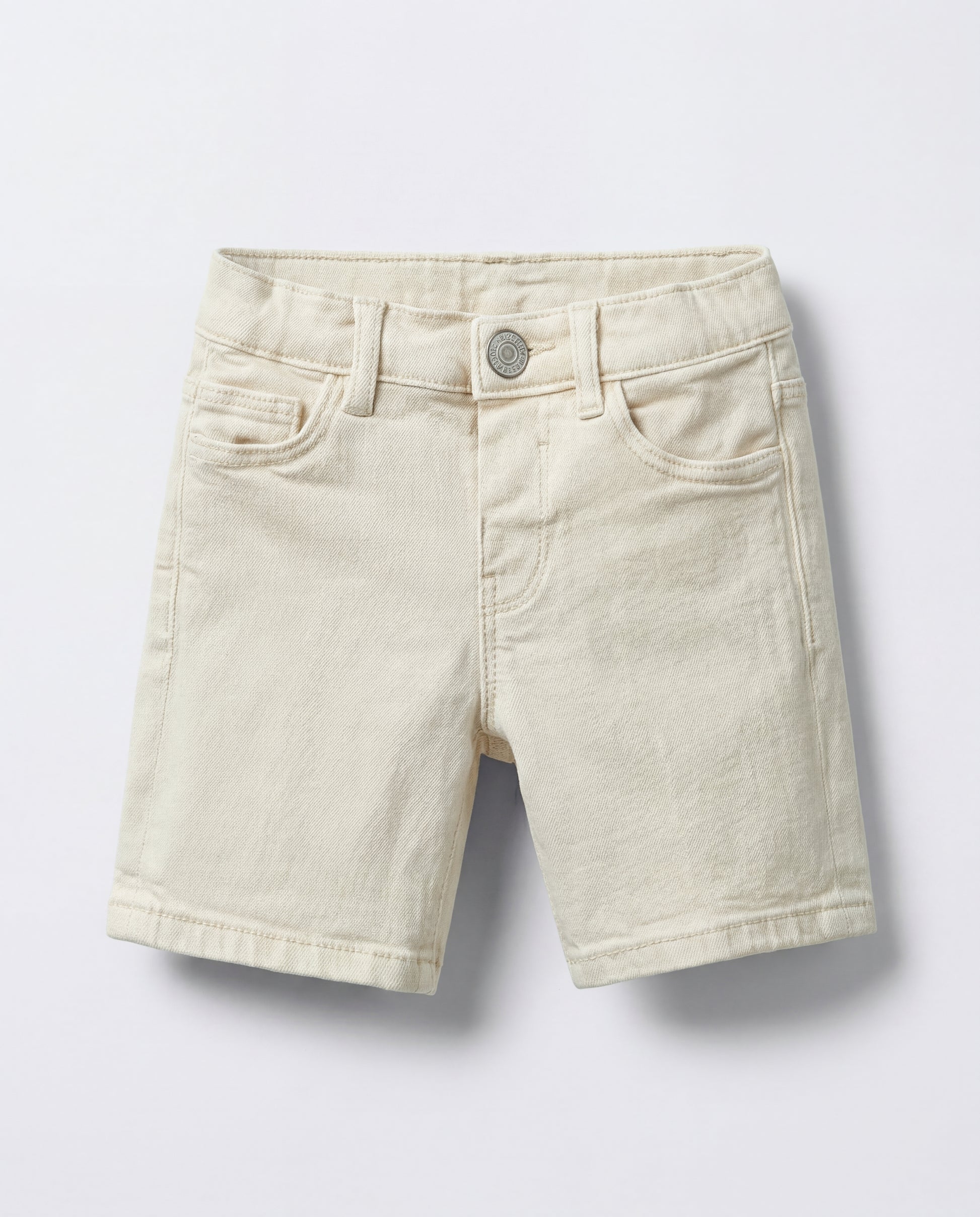 Ecru cream denim Bermuda shorts for boys, front view showing five-pocket styling, antique silver-tone shank button, zip fly, and belt loops on natural undyed cotton denim.