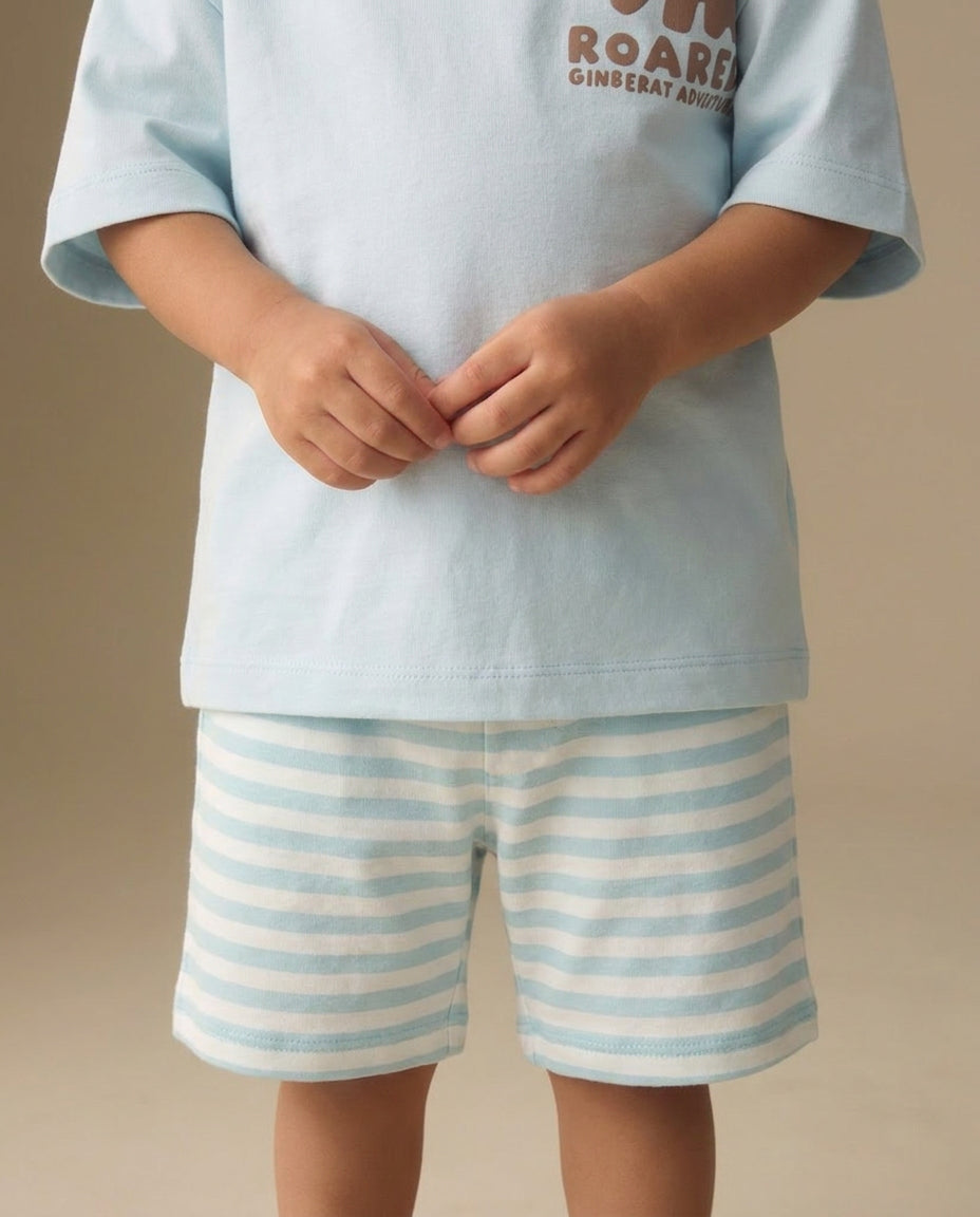 Child wearing a light blue t-shirt and striped shorts on a beige background from PTex Fashion.