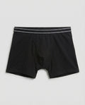 Boys' black soft cotton boxer brief with striped covered waistband, flat lay