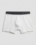 Boys' white cotton boxer brief with black striped waistband, flat lay