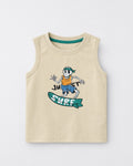 Boys sandy beige sleeveless cotton tank top with colourful surfing skeleton chest graphic and Just Surf slogan, contrast teal neckline, flat lay product photo