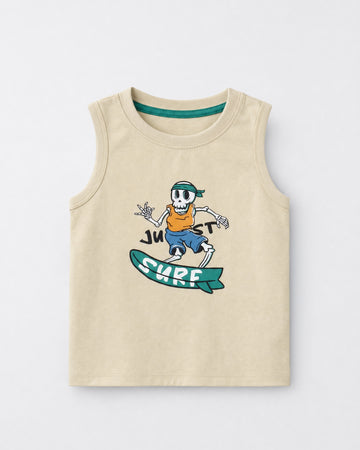 Boys sandy beige sleeveless cotton tank top with colourful surfing skeleton chest graphic and Just Surf slogan, contrast teal neckline, flat lay product photo