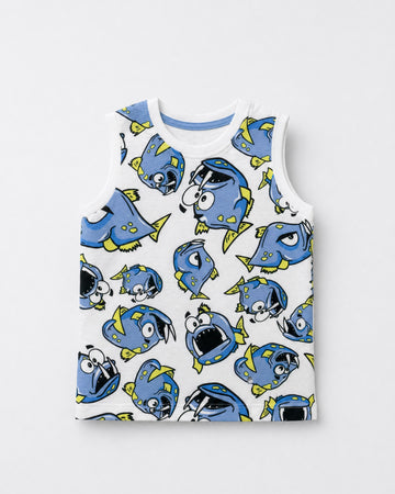Boys white sleeveless cotton tank top with all-over cartoon blue and yellow fish graphic print and contrast blue neckline, flat lay product photo