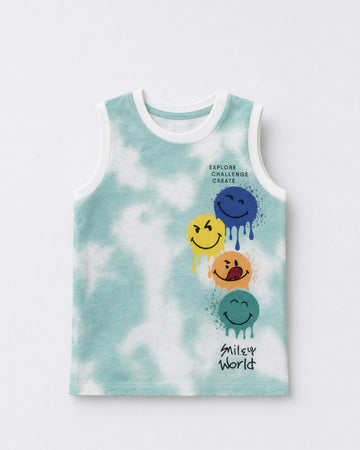 Boys teal cloud tie-dye cotton sleeveless tank top with multicolour drip smiley face chest graphic and Smiley World slogan, white rib trim neckline, flat lay product photo