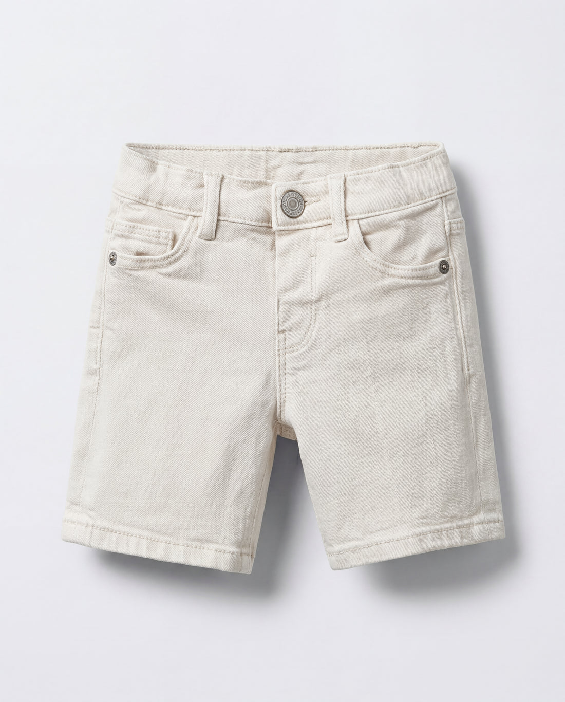 Full front view of  boys' off-white denim Bermuda shorts with 5-pocket design, silver rivet accents, and a clean straight-leg cut for toddlers.